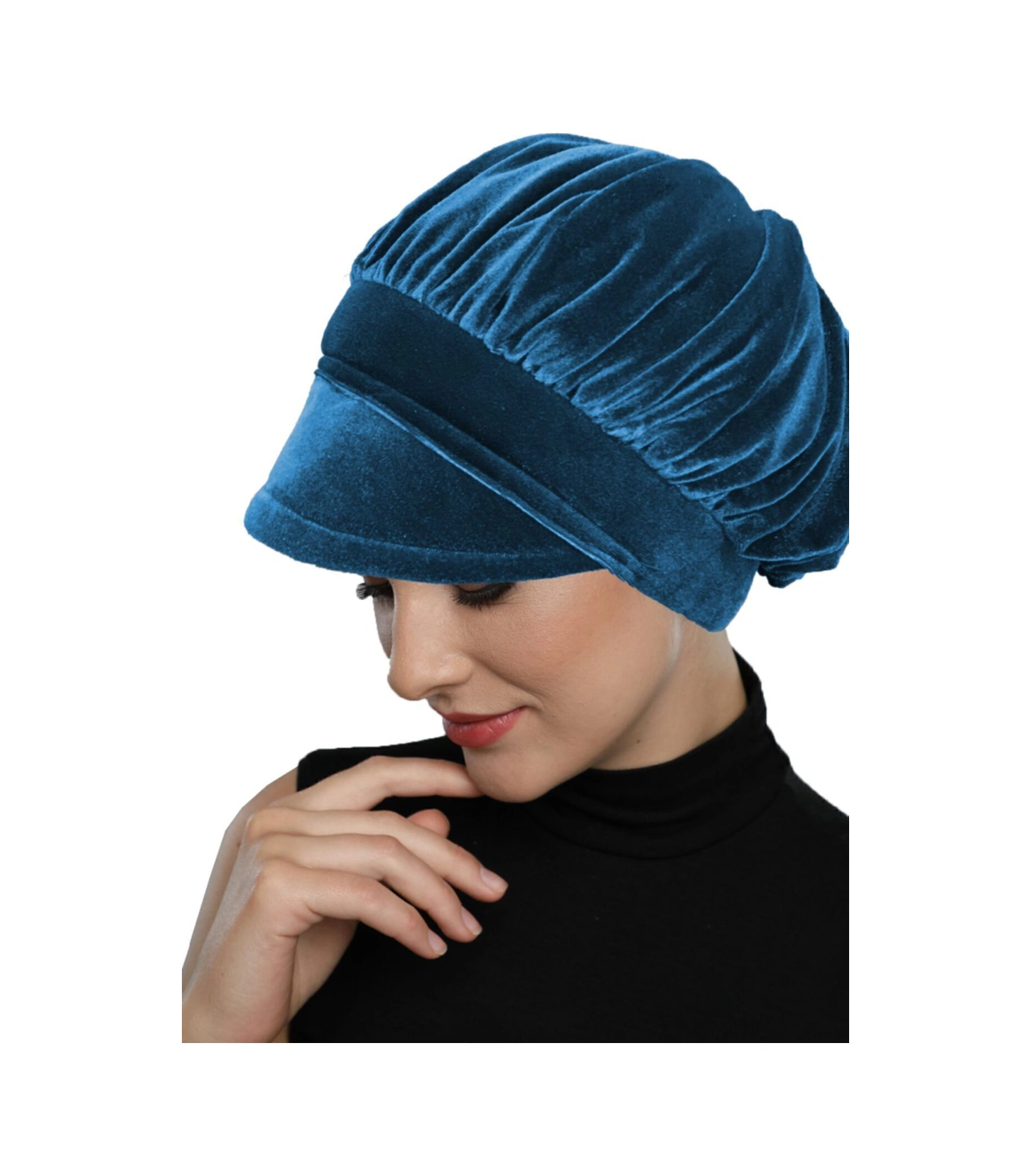 Kadife Şapka Toka Detaylı Petrol Hazır Türban Tesettür Bone Petrol