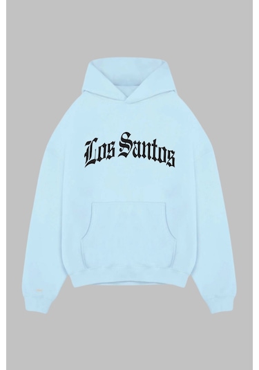 Unisex Hoodie Regular Kesim Cepli Uzun Kollu Los Santos Baskılı Kapüşonlu Sweatshirt Oversize Gta Bebe Mavisi