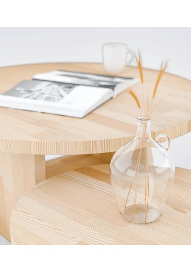 Masif Ağaç Yuvarlak Orta Sehpa Büyük Ve Küçük Set Naturel