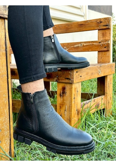 Muggo Chelsea Hakiki Deri Çift Fermuarlı Garantili Erkek Kışlık Bot 001