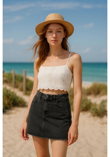 Yüksek Bel Püsküllü Mini Jean Etek Antrasit