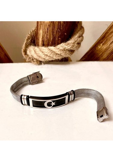 Ay Yıldız Türk Bayrağı Figürlü Çelik Kolye&bileklik Set Siyah