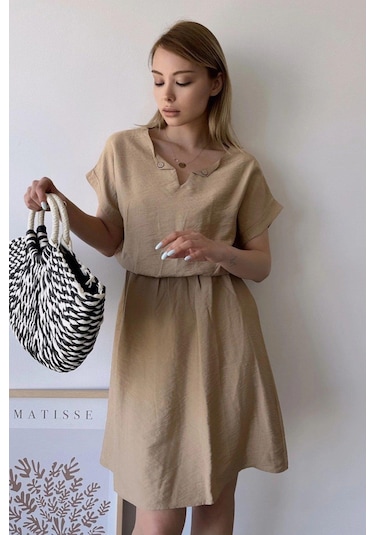 Kadın Bej Kısa Kol, Kalp Yaka, Dokulu Desen, Bele Oturan, Aerobin Lastikli Bel Midi Elbise Bej