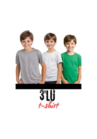 3'lü Unisex Çocuk Düz Yeşil-beyaz-gri Kısa Kollu Tişört Çok Renkli