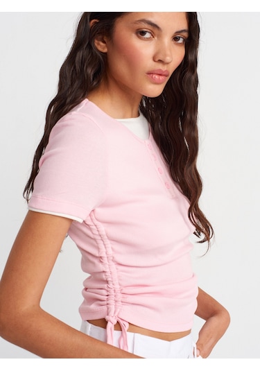 Dilvin 31816 Çift Katlı Büzgülü T-shirt-toz Pembe Toz Pembe