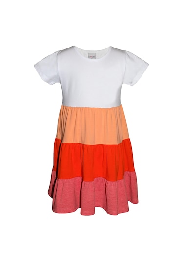 Lovetti Beyaz+ Turuncu Melanj Kız Çocuk Kısa Kol Fiyonklu Renkli Kat Kat Elbise 9242W0105 Beyaz - Turuncu Melanj