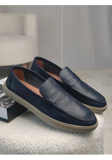 Muggo Harnaz Bağcıksız Hakiki Deri Erkek Günlük Casual Ayakkabı Lacivert