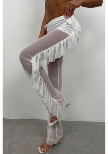 Modasize Katlı Transparan Pantolon Beyaz