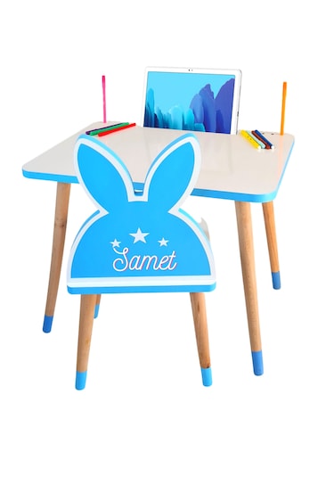 Çocuk Ders Çalışma Masa Ve Sandalye Takımı 2-6 Yaş Mavi Tavşanlı