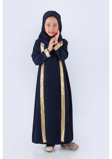 Eşarplı Ferace Medine İpek Kumaş Kız Çocuk Lacivert