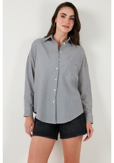 Lela Regular Fit Uzun Kollu Cepli Çizgili Bayan Gömlek 6772895 Siyah