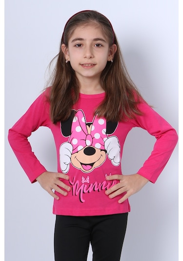 Hçm Kız Çocuk Uzun Kollu Tshirt 4 Mevsim Baskılı Bisiklet Yaka C43 Fuşya
