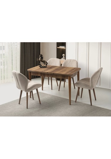 Kelebek Ceviz Renk Ahşap Salon Yemek Masa Sandalye Takımı 4 Sandalyeli Ortadan Açılır Büyüyen 80x130 Ceviz-krem