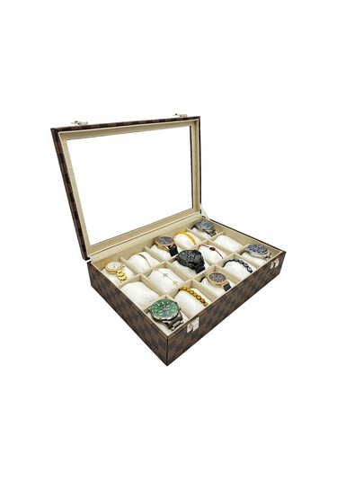 Saat Kutusu 15 Bölmeli Camlı Organizer Ekose Tasarım