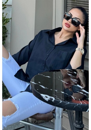 Kadın Siyah Truvakar Kol, Oval Kesim, Terletmez, Flamlı Keten Salaş Gömlek Siyah