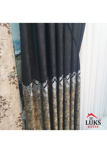 Lüks Siyah Fon Pano Perde Sık Pile Tek Kanat, En100 Cm Siyah
