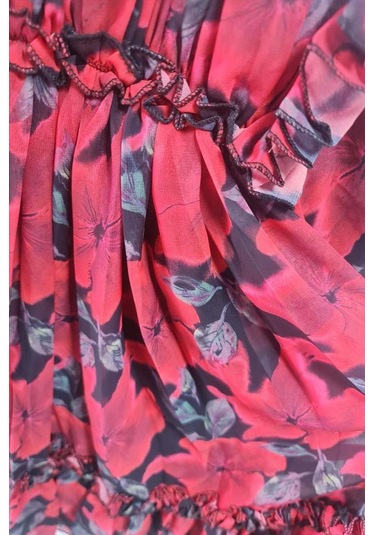 Riccotarz Kız Çocuk Yakası Ve Omuzları Fırfır Detaylı Çiçek İşlemeli Pliseli Kırmızı Elbise Kırmızı