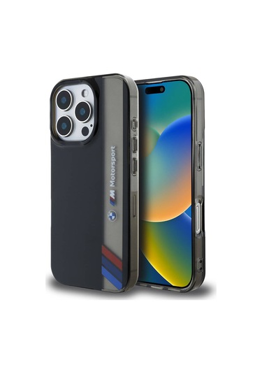 İphone 16 Pro Uyumlu Kılıf Bmw Lisanslı M Logolu Üç Renk Çizgili Motorsport Vertical Stripe Siyah