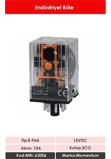 Momentum Röle 2 Kontak 8 Pin 10A Bobin:12VDC MRL-62006