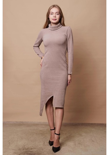 Kadın Likralı Triko Kumaş Tam Balıkçı Asimetrik Uzun Kol Diz Boy Elbise-bej Bej