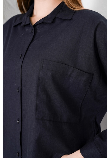 Paw Garage Kadın London Keten Tek Cepli Oversize Gömlek, Premium Kalite Keten Gömlek Siyah