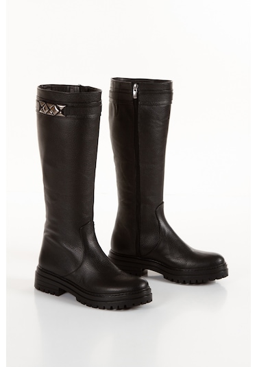 İlolica Hakiki Deri Kalın Taban Kadın Çizme Siyah
