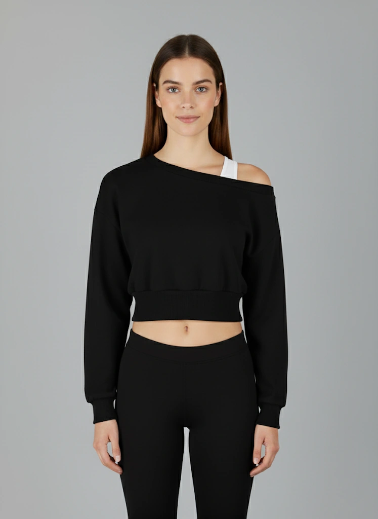 Askılı Modern Basic Omuzu Açık Siyah Sweatshirt Reglan Kol Kesim Siyah