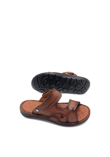 Deritarz Hakiki Deri Tam Ortopedik Masajlı Taba Erkek Terlik Taba