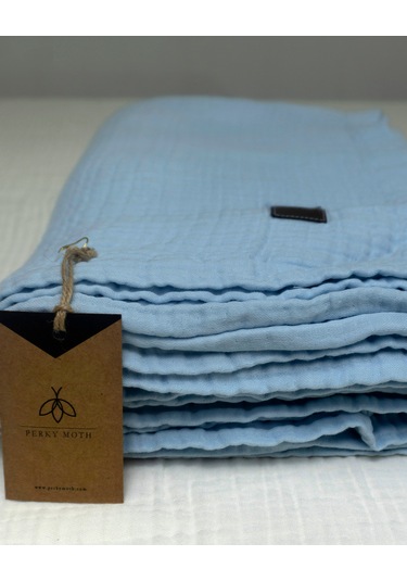 4 Katlı Müslin Yatak Örtüsü - Battaniye Pike %100 Organik Pamuk Dört Mevsim Yumuşak Çift Kişilik Açık Mavi