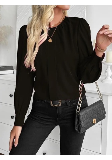 Kadın Uzun Kollu Bisiklet Yaka Pileli Ithal Krep Bluz Siyah