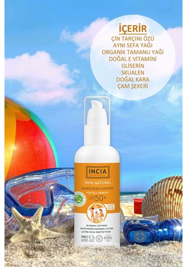 INCIA %100 Doğal Organik Tamanu Yağlı Güneş Losyonu Mineral Filtreli Tüm Aile İçin SPF 50+ 100 ML