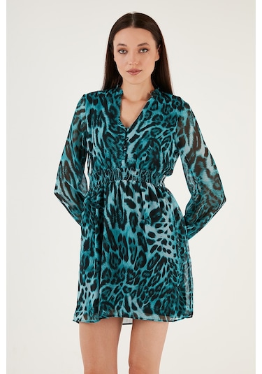 Lela V Yaka Regular Fit Gipeli Düğme Detaylı Şifon Mini Bayan Elbise 611El01433 Mavi-Siyah