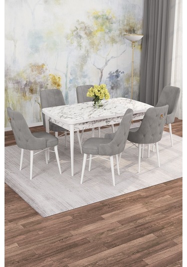 Mona Beyaz Mermer 80x132 Açılabilir Mdf Masa Yemek Odası Takımı, Mutfak Takımı 6 Adet Sandalye Beyaz Mermer - 6 Gri - Beyaz Ayak