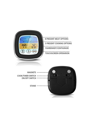 Padalink Siyah Dokunmatik Ekranlı Gıda Termometresi, 8 Et Türü Seçeneği, Zamanlayıcı Ve Alarm Özelliği, Çelik Prob, -10 C 250 C Aralığı, Sn124c Modeli Pil Yok Çok Renkli