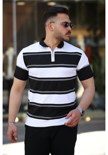 Erkek Yakalı Fermuarlı Çift Renk Kısa Kollu T-shirt Siyah