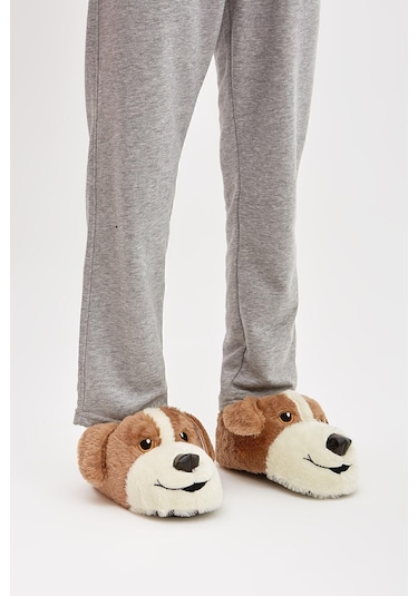 Kahverengi Hayvanlı Sessiz Taban Panduf Sevimli Köpek Figürlü Peluş Ev Ayakkabısı Kahverengi