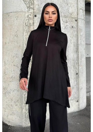 Siyah Asimetrik Kesim, Fermuarlı Bluz & Bol Paça Pantolon - Viskon İki İplik Kumaş Alt & Üst Takım Siyah