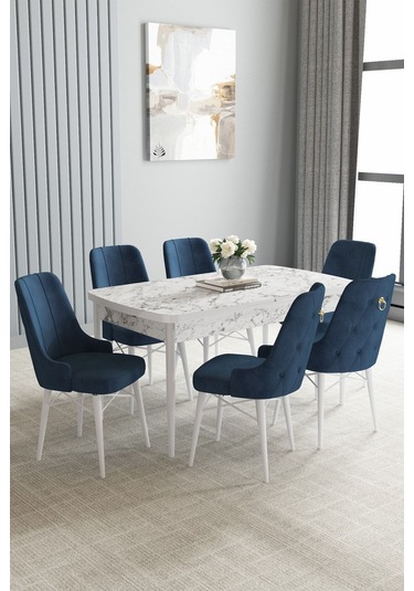 Jusie Beyaz Mermer Desen 80x132 Açılabilir Yemek Odası Takımı 6 Adet Sandalye Lacivert