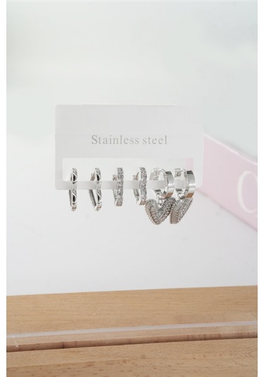 By Zeyna Aksesuar Kadın Vip Seri Baget Zirkon Taşlı Kalp Model Klipsli 6'lı Set Küpe-5108 Gümüş