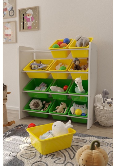 12 Sepetli Çok Amaçlı Oyuncak Dolabı Montessori Dolap Sarı-yeşil Sarı - Yeşil