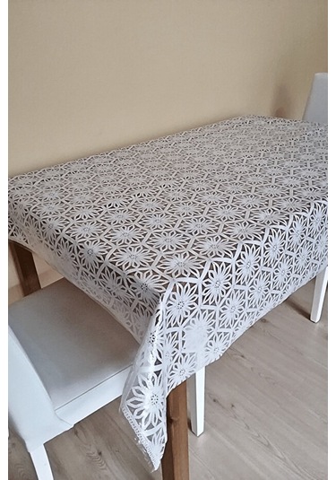 Dantel Görünümlü Üstü Şeffaf Kaplı Muşamba Masa Örtüsü -beyaz Renk-farklı Ölçülerde-yldz Beyaz