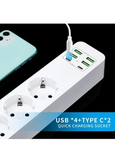 H-01 Hızlı Şarj İstasyonu 3000w 3'lü Priz 2 Metre Uzatma Kablosu