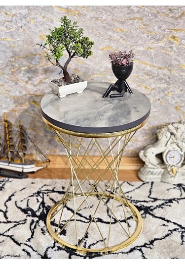 Gold Kaplama Pota Sehpa - Sehpa - Ahşap Sehpa - Metal Sehpa - Sun Çok Renkli