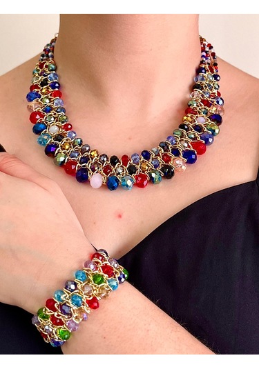 Çok Renkli Kristal Taşlı Türk El Yapımı Gerdanlık Kolyeve Bilezik Çok Renkli