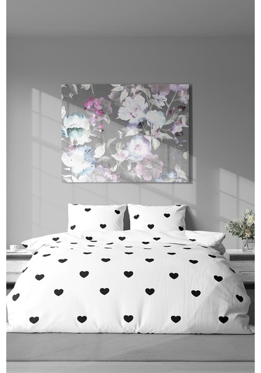 Pamuklu Çift Kişilik Nevresim Seti Nevresim Ve Yastık Kılıfı Çarşafsız Siyah Kalp Desenli Kırmızı