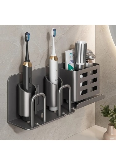 Fastbuy Challenger Duvara Elektrikli Diş Fırçası Tutucu Koyu Gri 2 Kart Yuvası Bardaksız Tasarım Koyu Gri Koyu Gri
