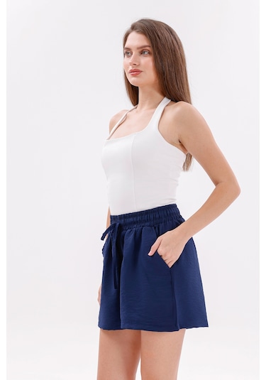 Genius Store Genıus Store Kadın Şort Aerobin Pamuklu Cepli Çekmez Kumaş Beli Lastikli Şort Lacivert