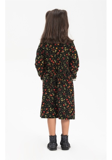 Uzun Kol Asya Yakalı Çocuk Pazen Elbise Çiçek Desen Siyah Syh Siyah