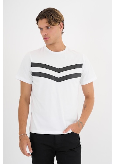 Erkek Beyaz Baskılı %100 Pamuklu Standart Kalıp T-sihrt Beyaz