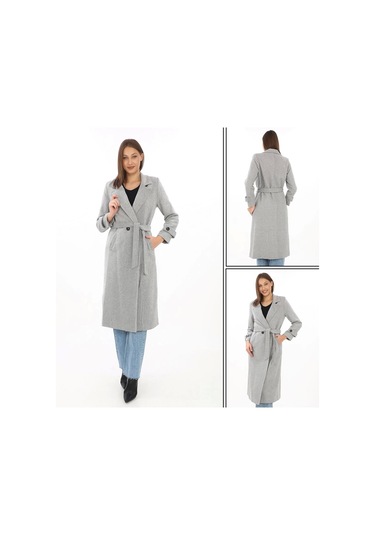 Kadın Astarlı Balık Sırtı Kaşmir Kaşe Kaban - Gri Gri